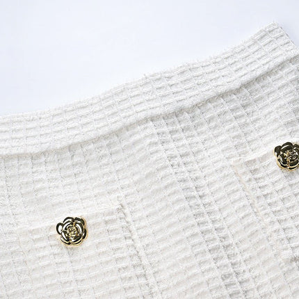 White Double-Breasted Blazer and Fitted Skirt with Golden Accents