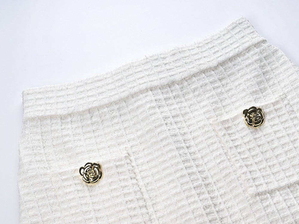 White Double-Breasted Blazer and Fitted Skirt with Golden Accents