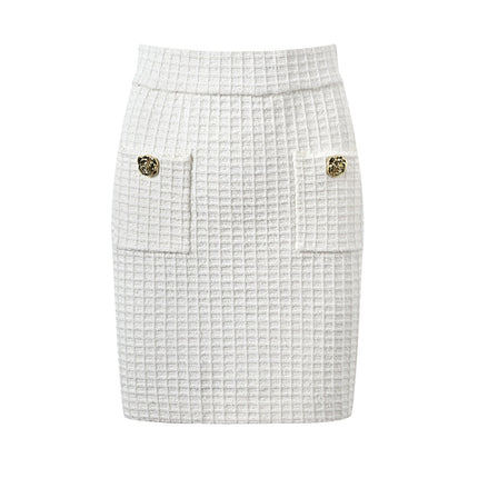 White double-breasted blazer with golden accents and textured fabric