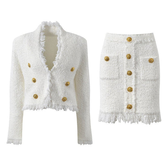 White double-breasted blazer and skirt set with fringed edges and gold button details