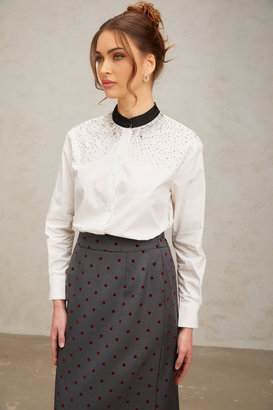 White dress shirt adorned with crystal embellishments