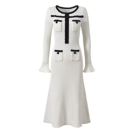 White Fitted Silhouette Flared Hem Elegant Pocket Detailing Tailored Chic Sophisticated Spring Fall Textured Fabric Contrasting Trim Pocket Buttons Formal Events Timeless Contemporary Style