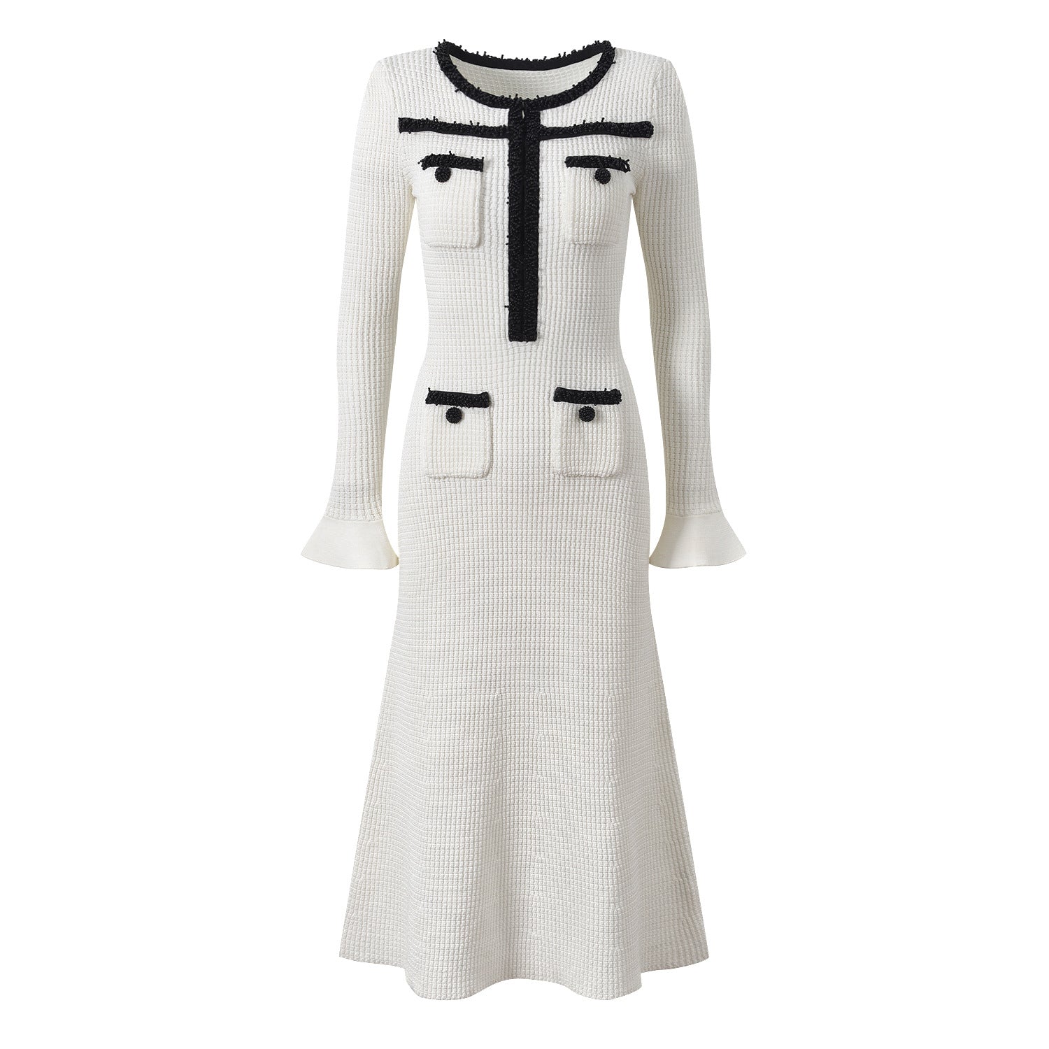 White Fitted Silhouette Flared Hem Elegant Pocket Detailing Tailored Chic Sophisticated Spring Fall Textured Fabric Contrasting Trim Pocket Buttons Formal Events Timeless Contemporary Style