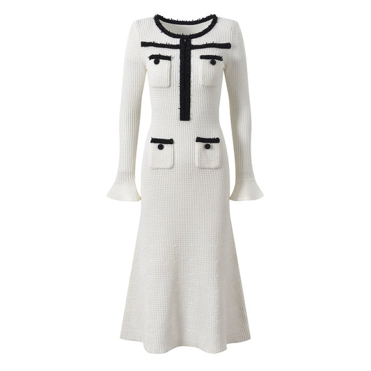 White Fitted Silhouette Flared Hem Elegant Pocket Detailing Tailored Chic Sophisticated Spring Fall Textured Fabric Contrasting Trim Pocket Buttons Formal Events Timeless Contemporary Style