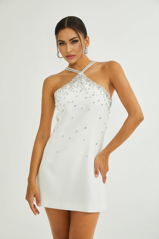 White embroidered Xanthea mini dress with decorative details