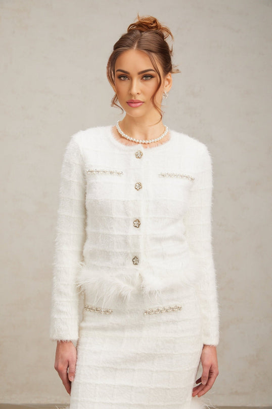 White feather textured cardigan and skirt set named Cora featuring waffle knit pattern Matching two piece outfit for women
