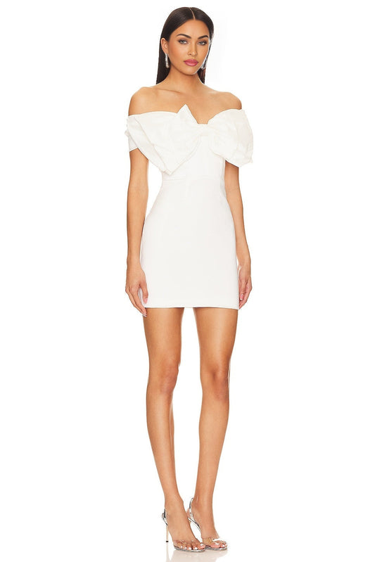 White Fiona Bridal Dress Ribbed Taffeta Boned Bodice Bow Embellishment