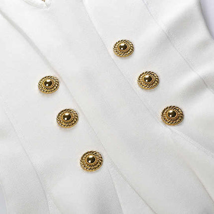 White fit-and-flare dress with military-inspired design and gold-tone buttons