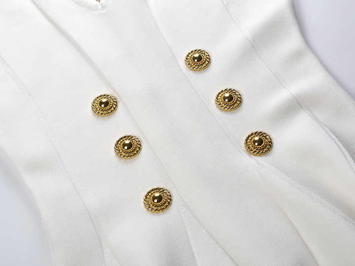 White fit-and-flare dress with military-inspired design and gold-tone buttons