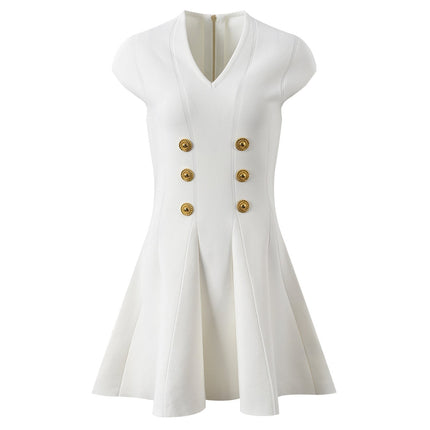 White fit-and-flare dress with military-inspired buttoned front and gold-tone buttons
