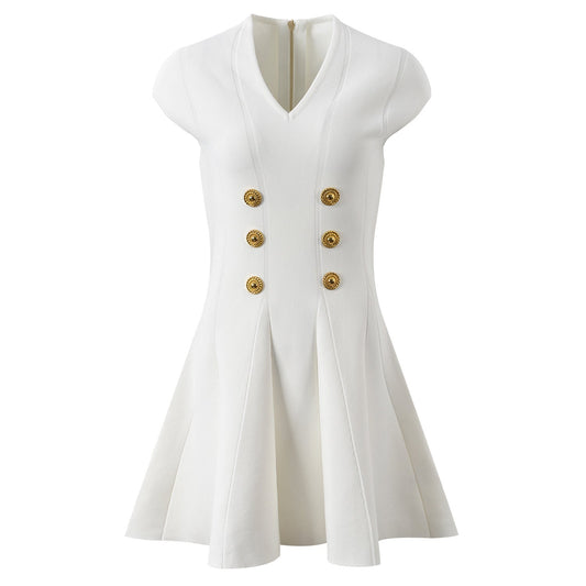 White fit-and-flare dress with military-inspired buttoned front and gold-tone buttons