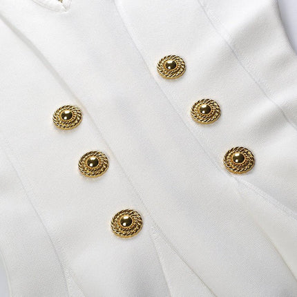 White Fit-and-Flare Military-Inspired Dress with Gold Buttons
