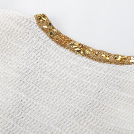 White Fitted Flare Hem Long Sleeve Dress with Gold Accents