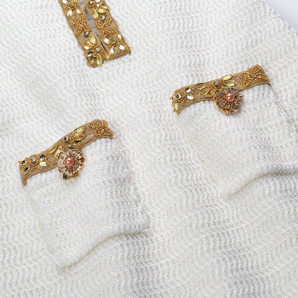 White Fitted Flared Hem Long Sleeve Dress with Gold Accents