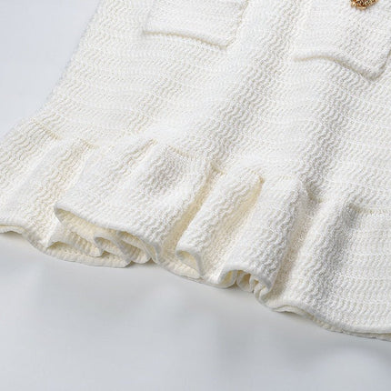 White Fitted Flared Hem Long Sleeve Dress with Gold Accents