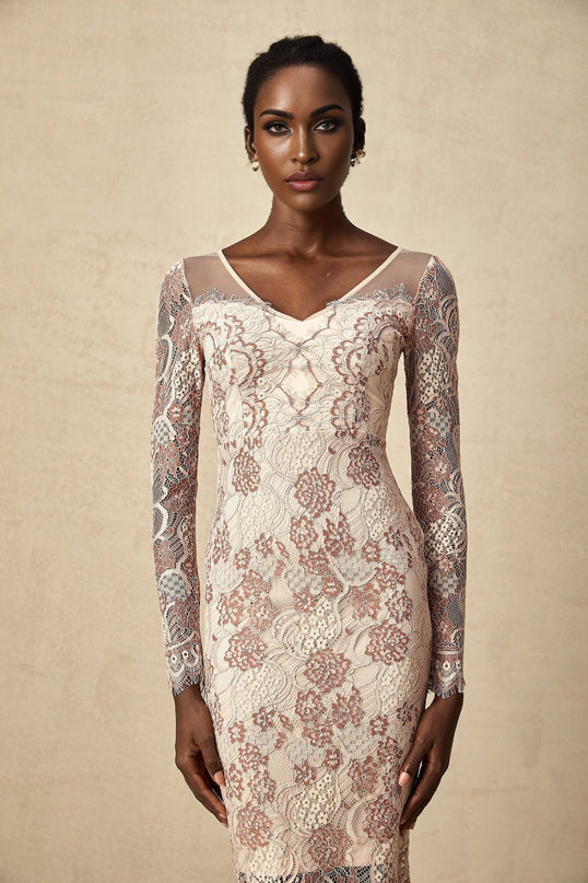 White fitted midi dress with guipure lace pattern and short sleeves