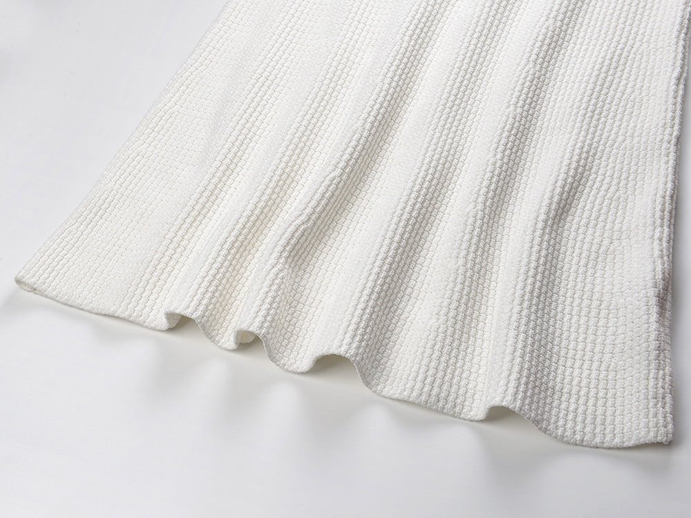 White Fitted Silhouette Flared Hem Elegant Pocket Detailing Tailored Flattering Shape Chic Sophisticated Appearance Spring Fall Textured Fabric Structured Contrasting Trim Pocket Buttons Formal Events Timeless Contemporary Style