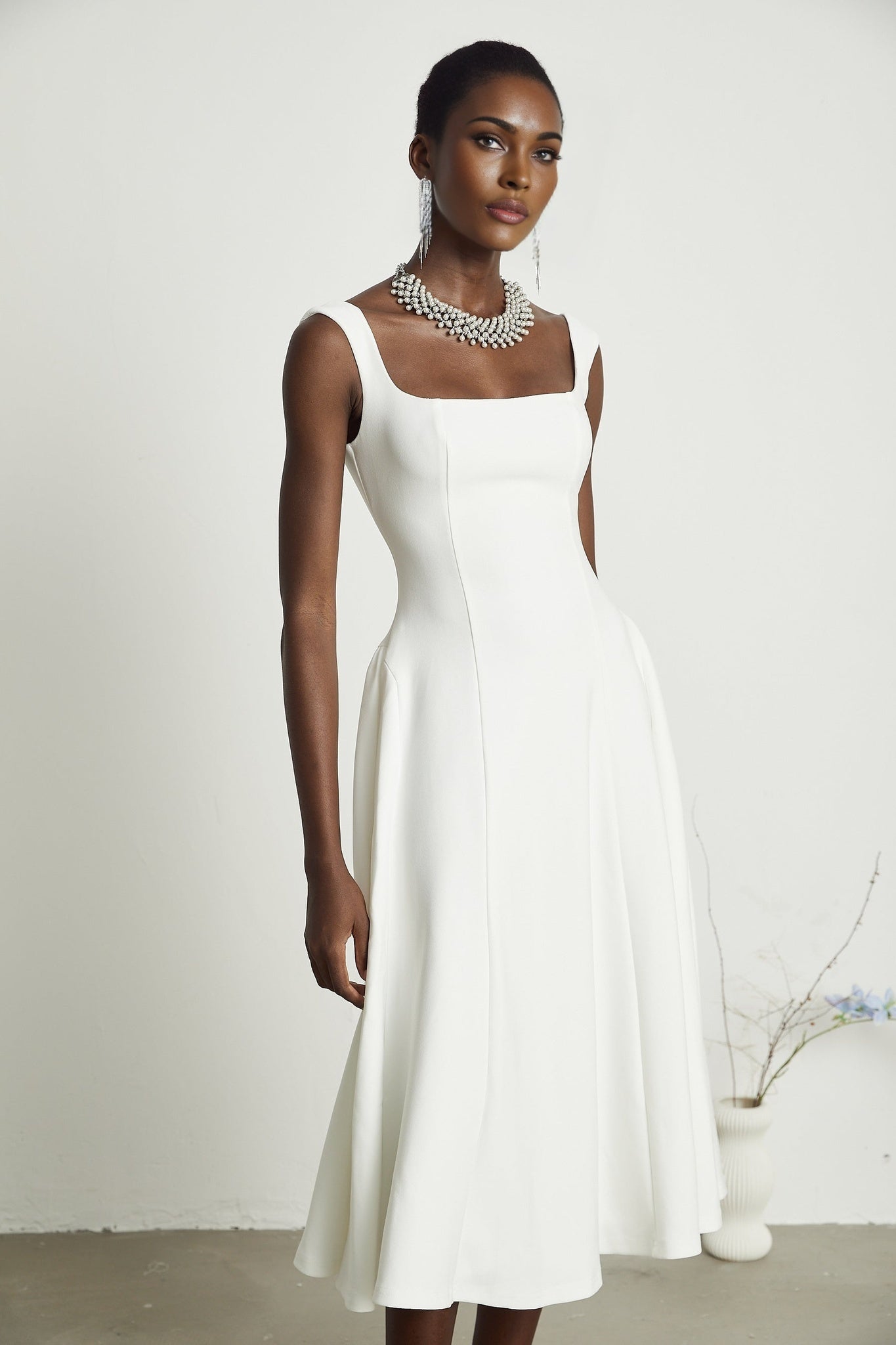 White flared pleated midi dress Thala