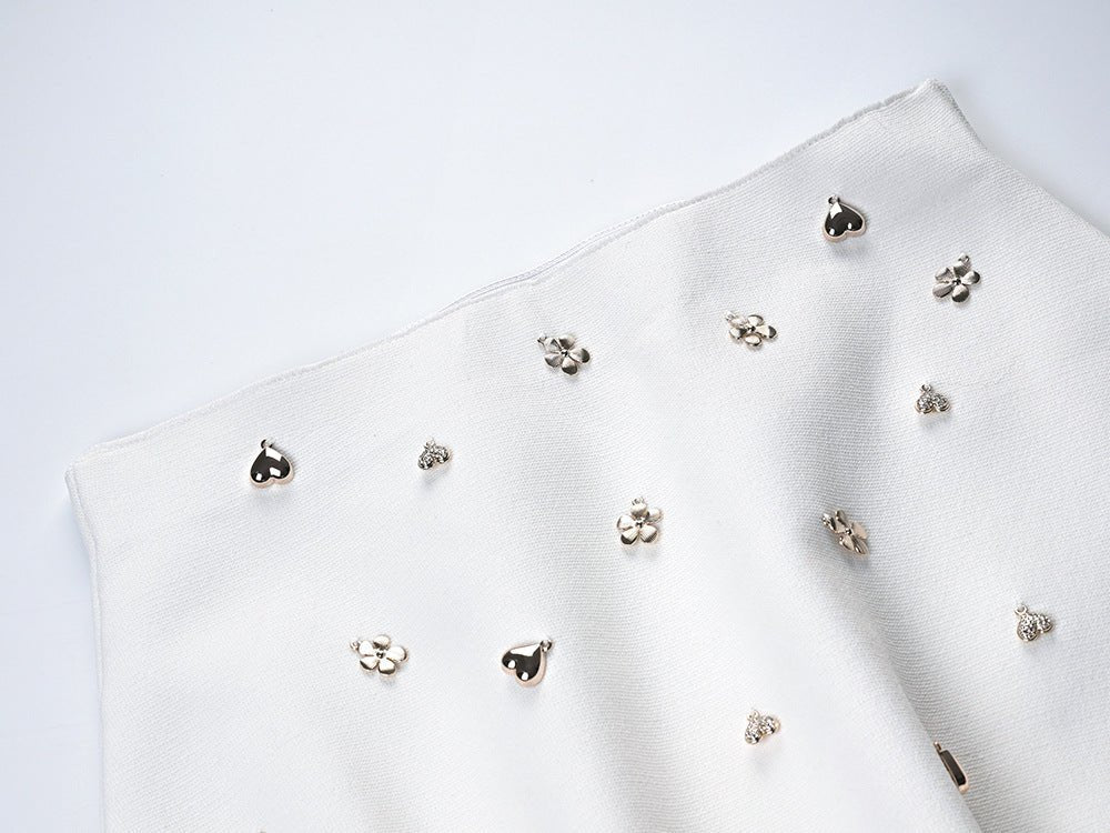 White Floral Embellished Cropped Top and Flared Skirt