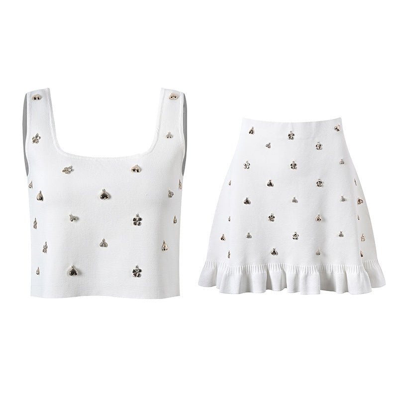 White floral embellished cropped top and flared skirt