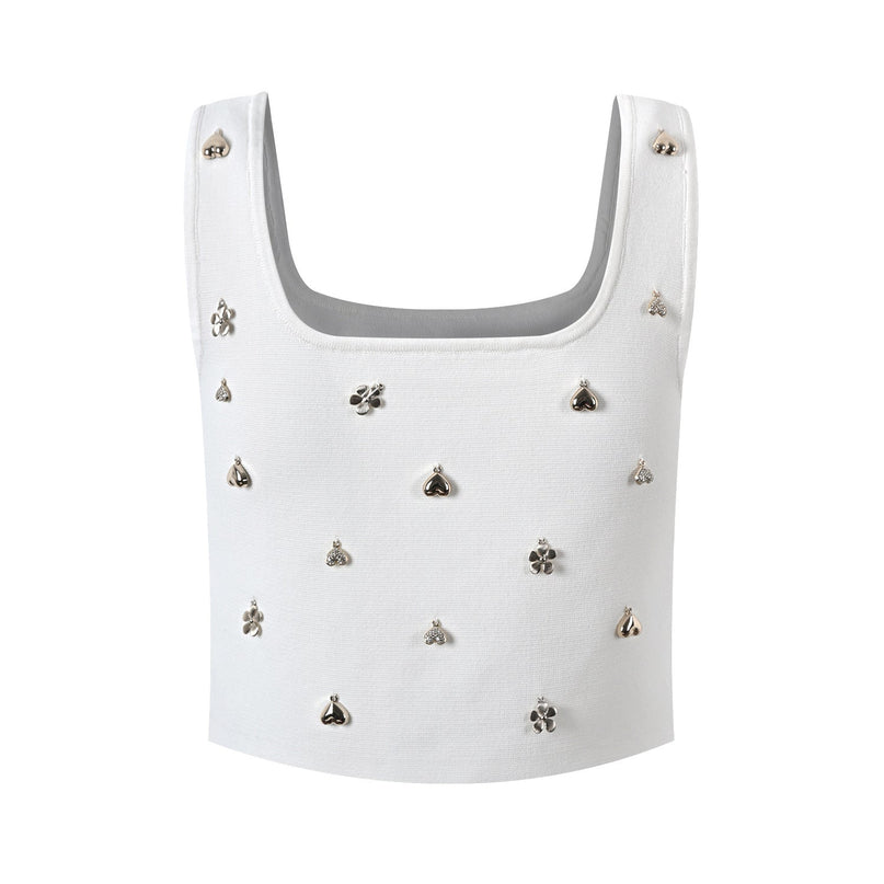 White floral embellished cropped top and flared skirt