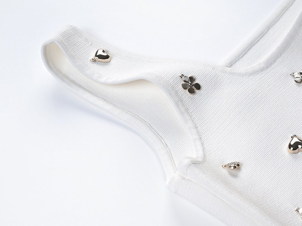 White Floral Embellished Ruffle Hem Crop Top and Flared Skirt