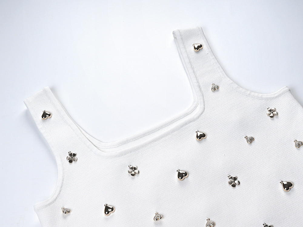 White Floral Embellished Ruffle Hem Dress