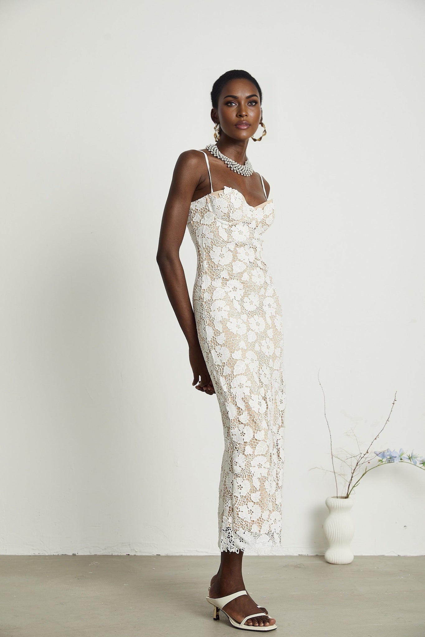 White floral embroidered midi dress with long sleeves and round neckline called Florence