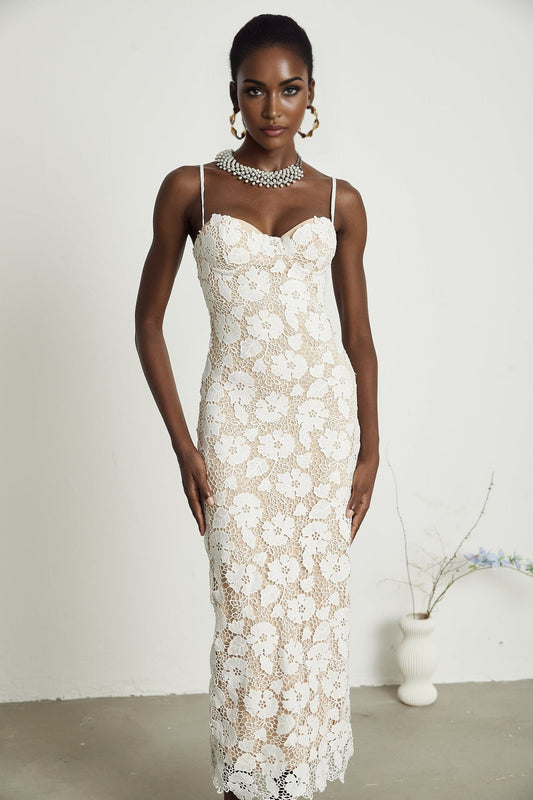 White floral embroidered midi dress with short sleeves and scoop neckline on mannequin