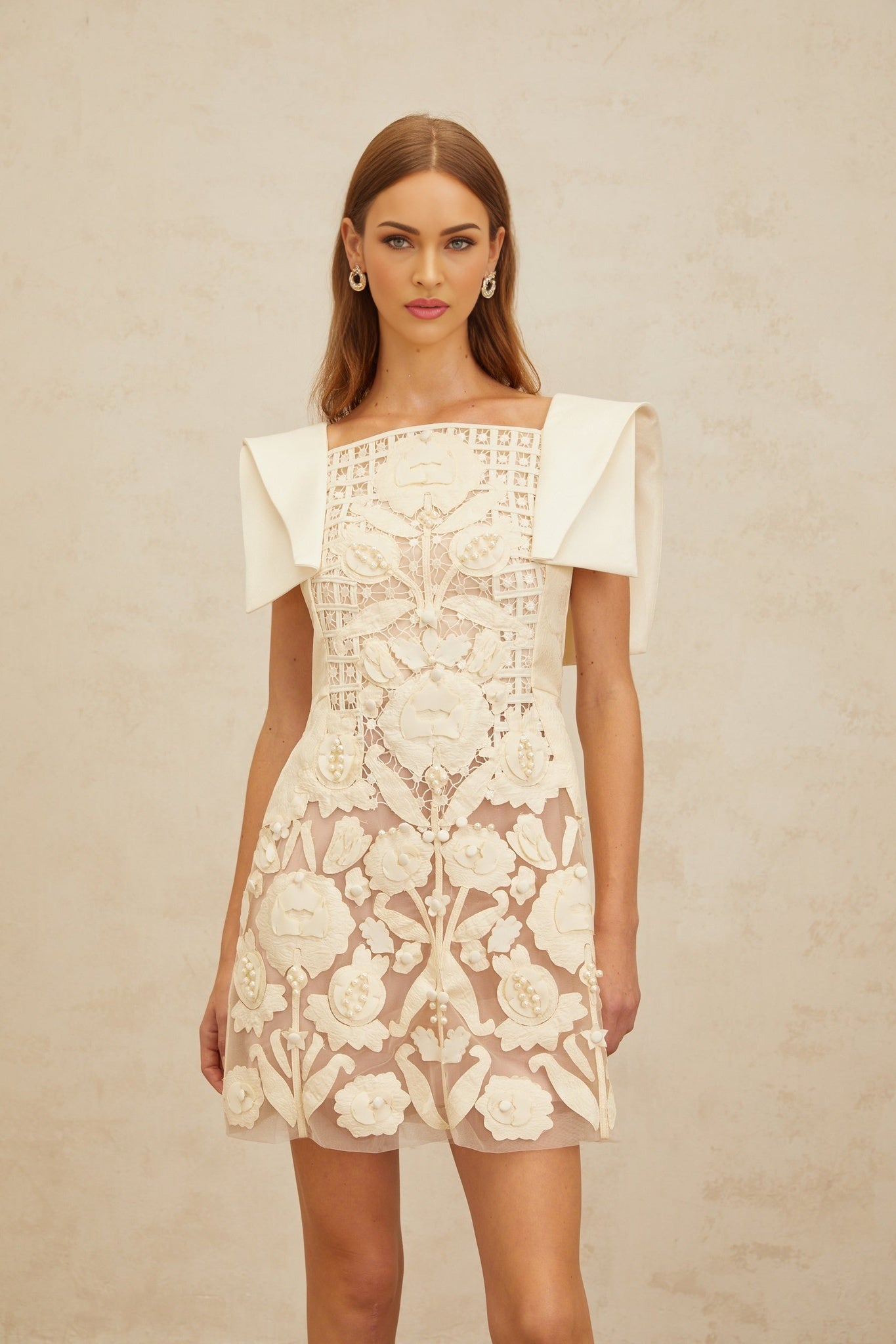 White Floral Jacquard A-Line Dress with Crochet Detailing and Bead Embellishment