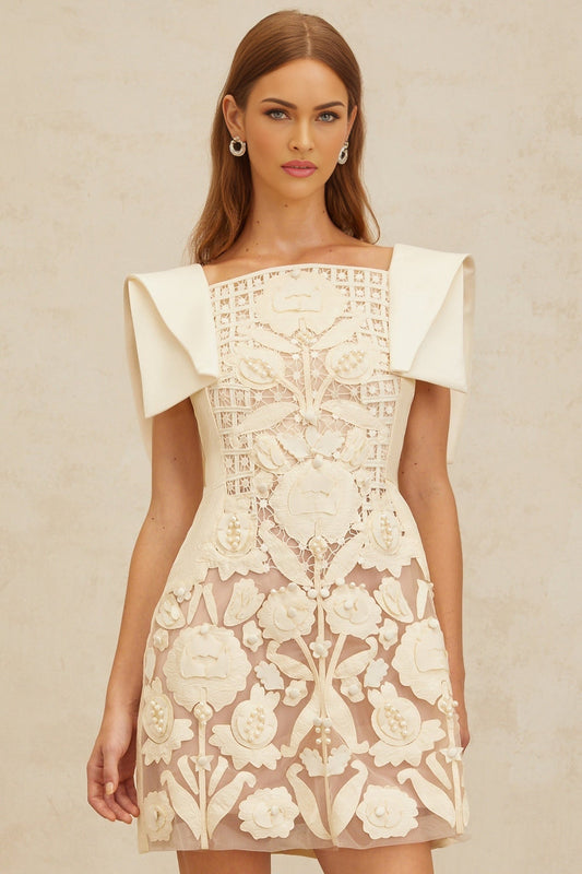 White Floral Jacquard A-Line Mini Dress with Crochet Detailing and Bead Embellishment