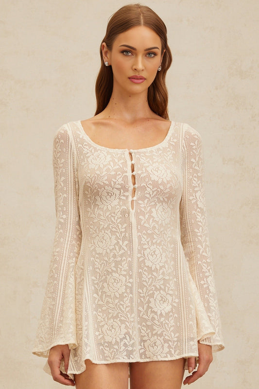White floral jacquard crochet knit dress with flared skirt