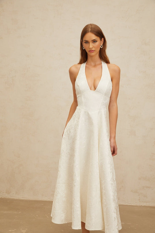 White floral jacquard halterneck midi dress with open back and self-tie design