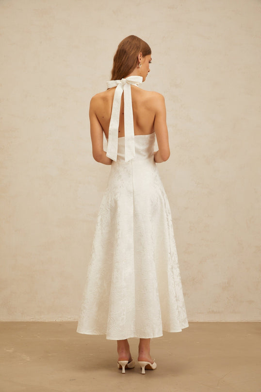 White floral jacquard halterneck midi dress with self-tie design and open back