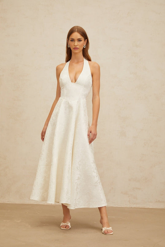 White Floral Jacquard Halterneck Midi Dress with Open Back and Self-Tie Design