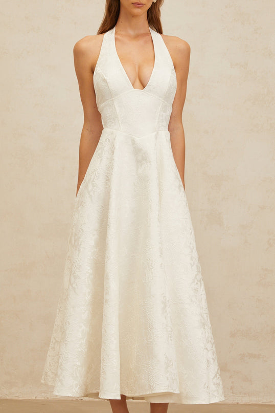 White Floral Jacquard Halterneck Midi Dress with Open Back and Self-Tie Design