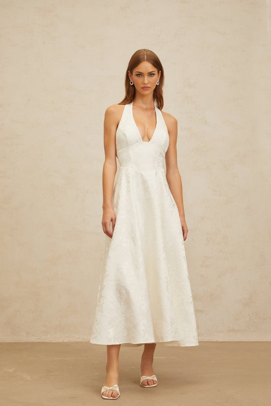 White Floral Jacquard Halterneck Midi Dress with Open Back and Self-Tie Design