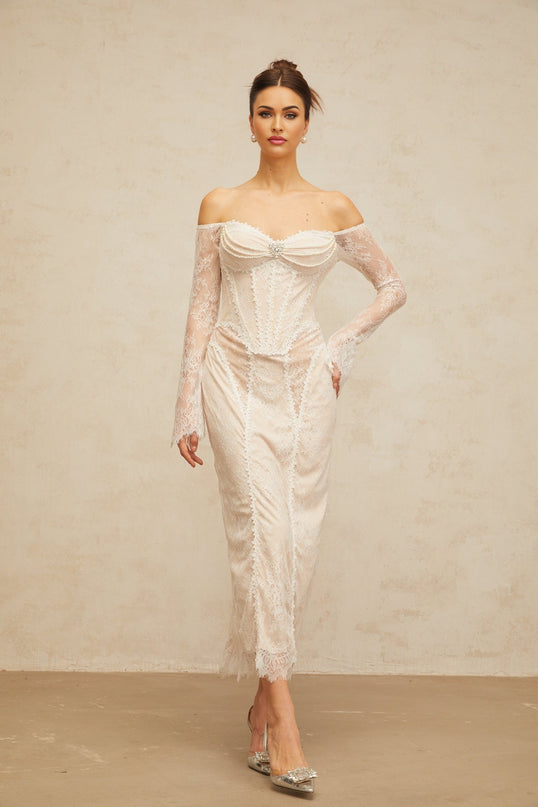 White floral lace midi dress with embellishments called Enora