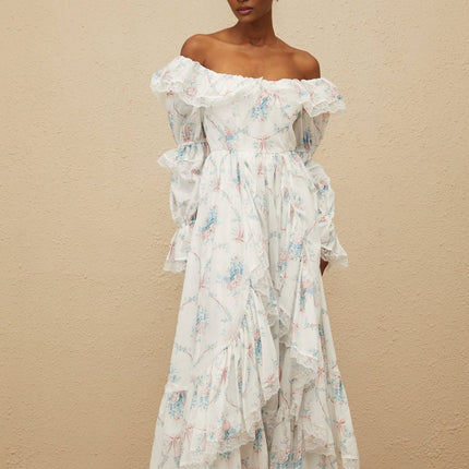 White off the shoulder floral print maxi dress with flared cuffs and lace trim