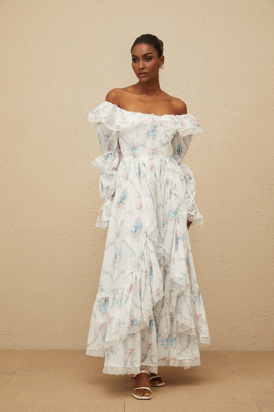 White off the shoulder floral print maxi dress with flared cuffs and lace trim