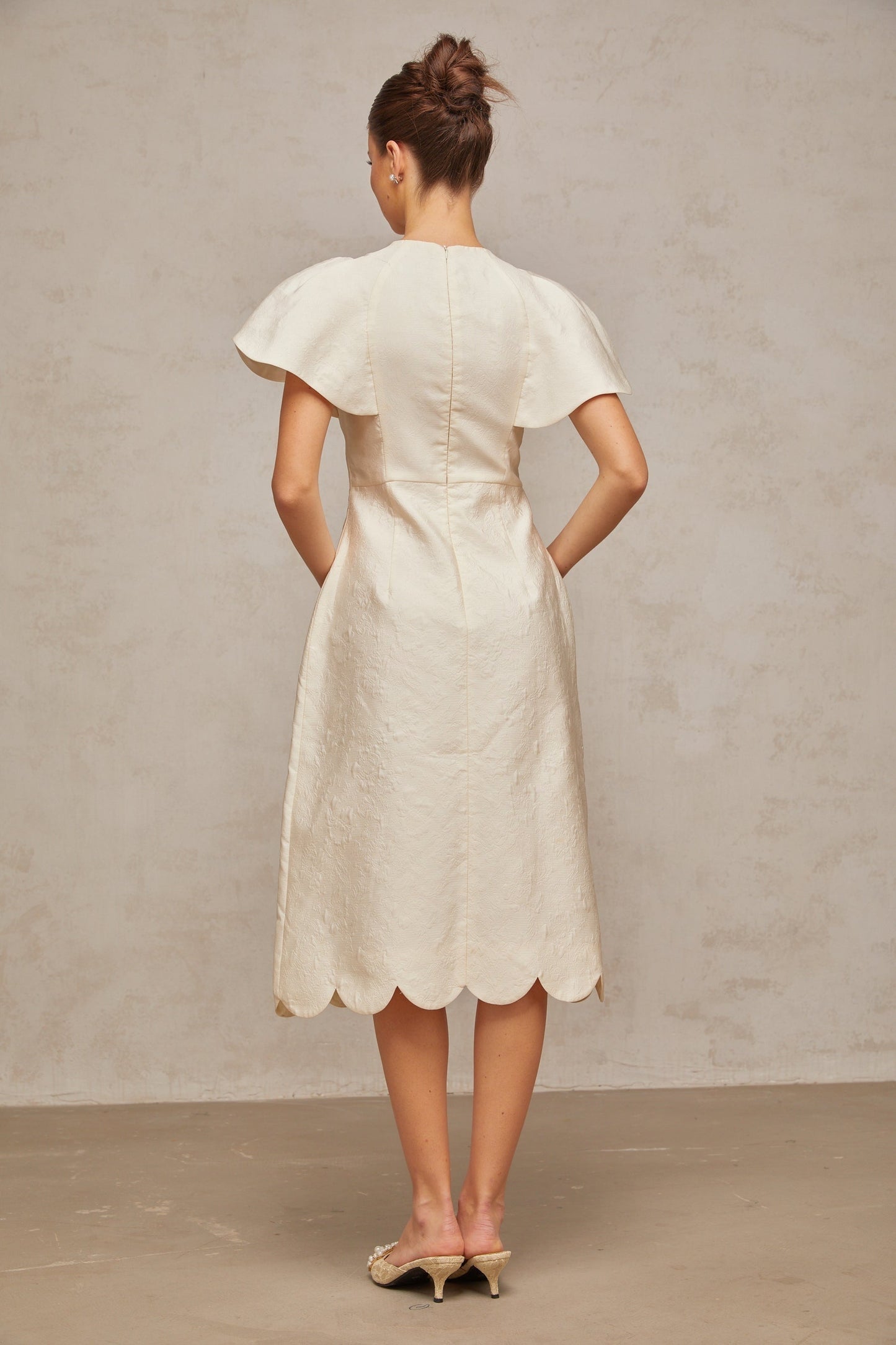 White floral midi dress with jacquard pattern named Segolene