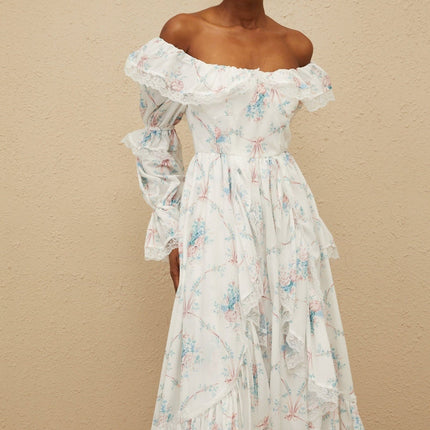 White off the shoulder floral print maxi dress with flared cuffs and lace trim