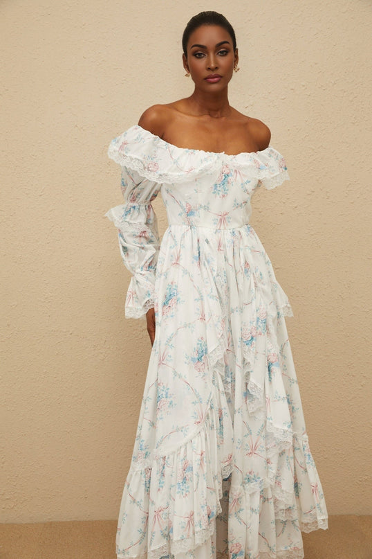 White off the shoulder floral print maxi dress with flared cuffs and lace trim