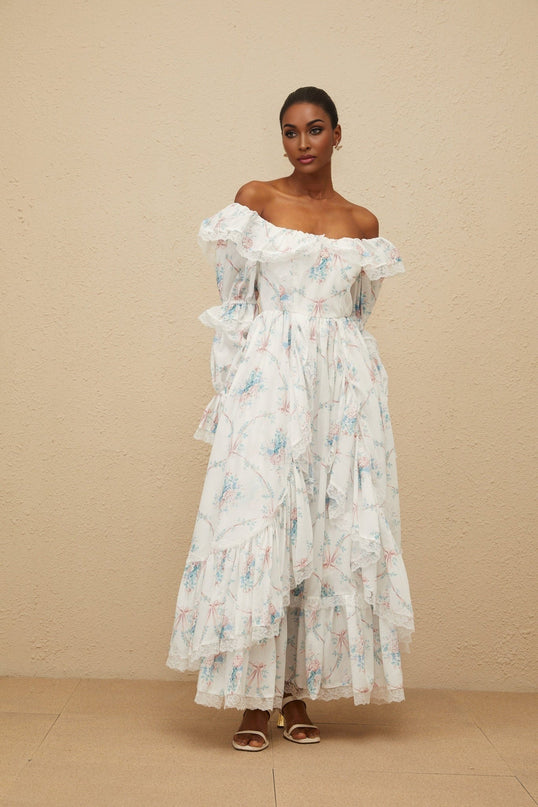 White off the shoulder floral print maxi dress with flared cuffs and lace trim