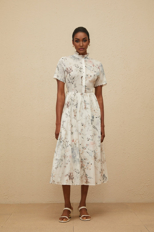 White Floral Print Midi Dress with Frilled Neck and Faux-Pearl Detailing