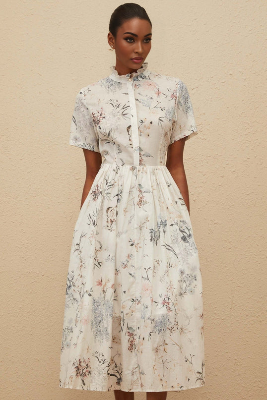 White Floral Print Midi Dress with Frilled Neck and Faux-Pearl Detailing