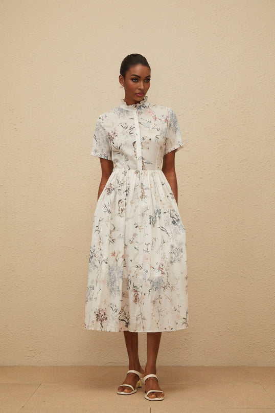 White Floral Print Midi Dress with Frilled Neck and Faux-Pearl Detailing