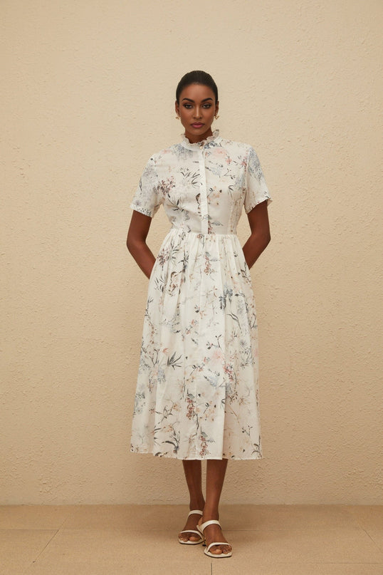 White Floral Print Midi Dress with Frilled Neck and Faux-Pearl Detailing