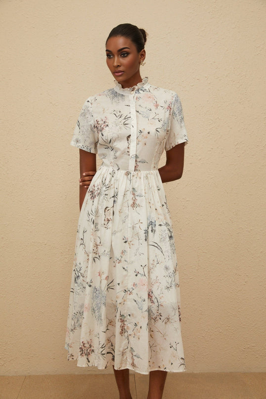 White Floral Print Midi Dress with Frilled Neck and Faux-Pearl Detailing
