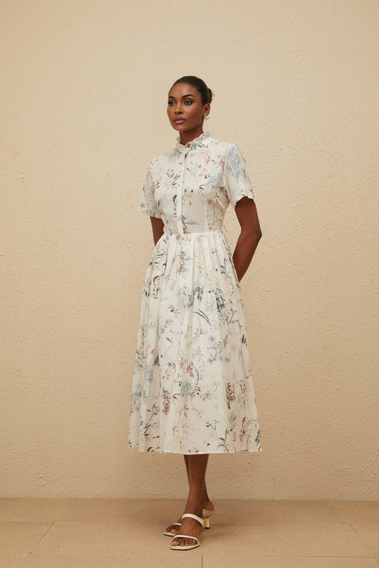 White Floral Print Midi Dress with Frilled Neck and Faux-Pearl Detailing